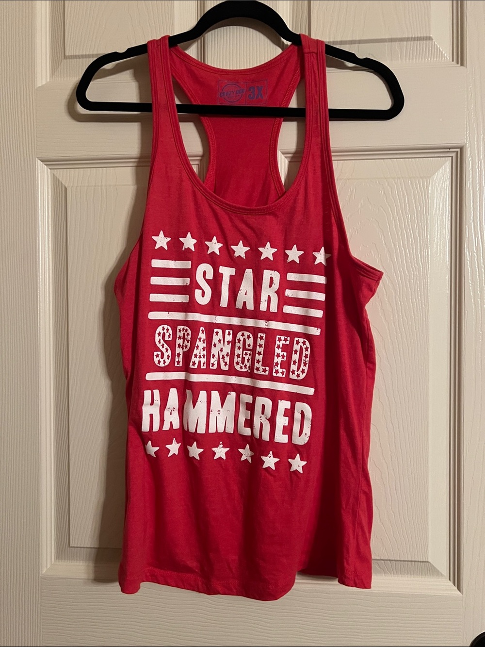 Crazy Dog T-Shirts Red Tank Top with White Text - "Star Spangled Hammered"